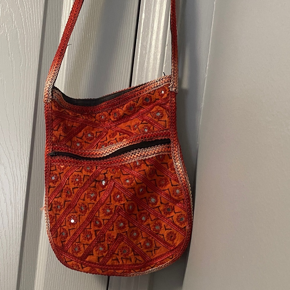 Embroidered Red Crossbody Bag with Mirror Accents